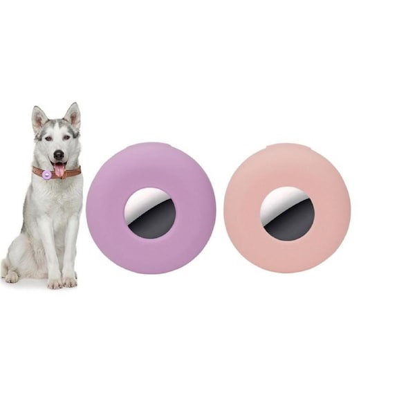 2Pcs Dog Collar Anti-Lost Silicone Tracker Protective Case Cover Compatible With Apple Airtag-Pink And Purple