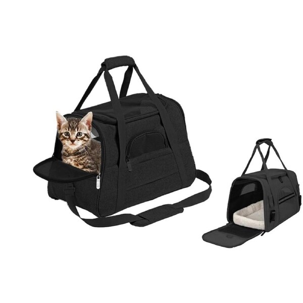 Pet Travel Bag with Hand Warmer Pocket Carrier for Dogs Cats Puppies-Black