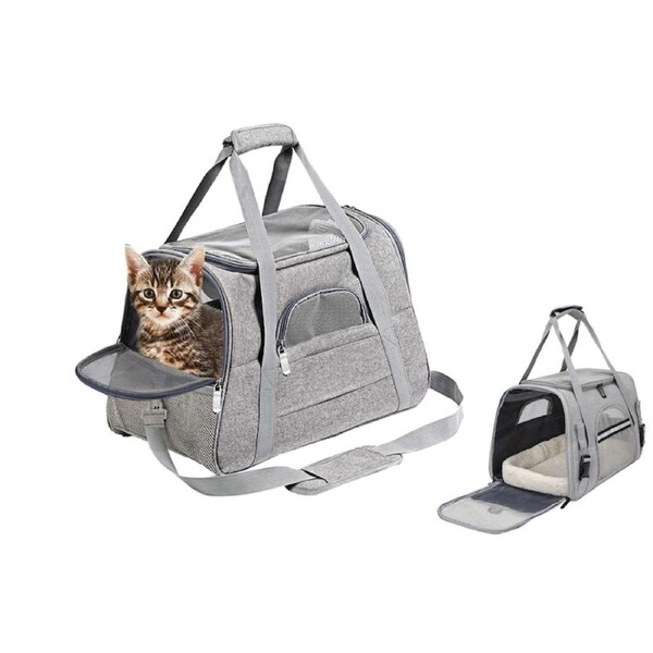 Pet Travel Bag with Hand Warmer Pocket Carrier for Dogs Cats Puppies-Grey