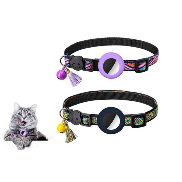 2pcs Pet Collar with Airtag Holder Geometric Pattern Cat Collar with Bell and Tassel-Purple and Dark blue