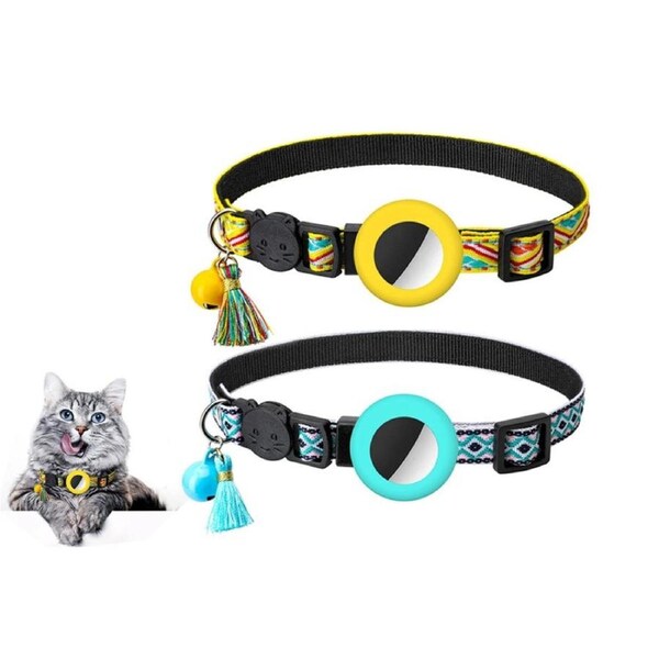 2pcs Pet Collar with Airtag Holder Geometric Pattern Cat Collar with Bell and Tassel-Yellow and Green