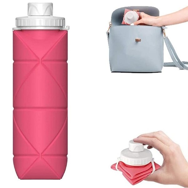 Foldable Collapsible Water Bottle Silicone Leak-proof Reusable Travel -Pink