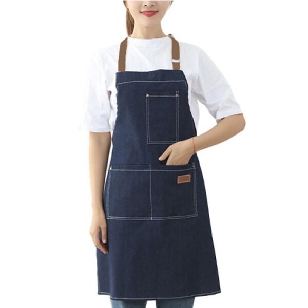 Denim Apron with 3 Pockets Unisex Jean Apron Adjustable Bib Apron for Work Kitchen Cooking-Blue