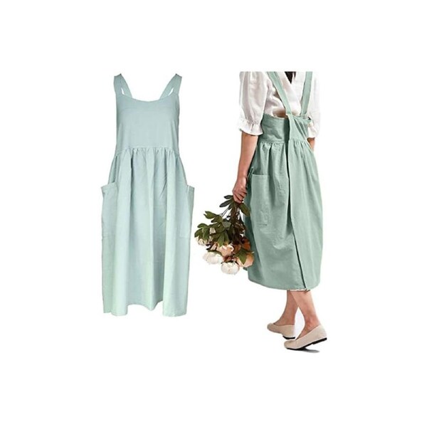 Cotton Linen Aprons Cross Back Apron with Pockets for Women with Pockets Pinafore Dress for Baking Cooking-Green