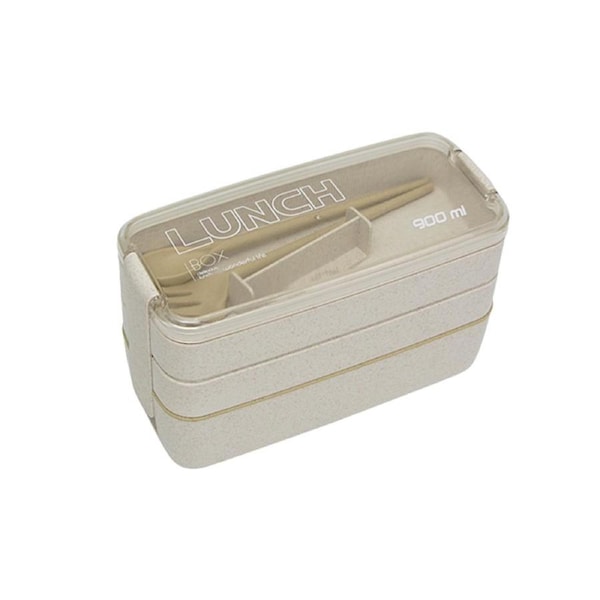 3 Layer Wheat Straw Bento Box Students Lunch Box Eco Friendly Leakproof 900ml Food Container Lunch Box with Compartment-Beige