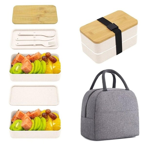 Bento Box 2 Layer Stackable Leak-Proof Japanese Lunch Box with Spoon Fork-White