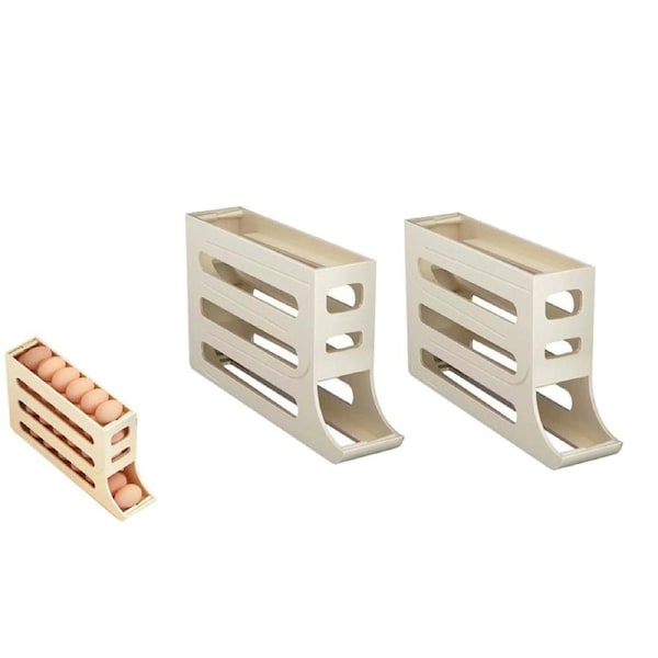 2Pcs 4 Tiers Egg Holder For Fridge Auto Rolling Fridge Space-Saving Egg Dispenser Holder-Beige