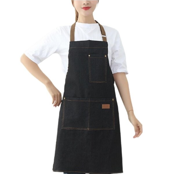Denim Apron with 3 Pockets Unisex Jean Apron Adjustable Bib Apron for Work Kitchen Cooking-Black