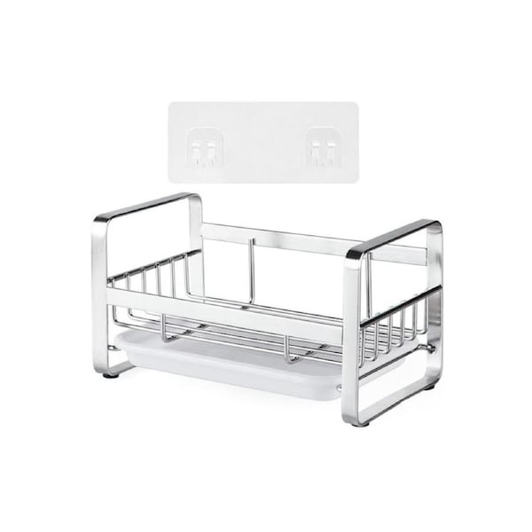 Kitchen Sink Stainless Steel Sponge Holder With Brush Rack Removable Drain Tray-Silver