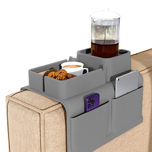Couch Cup Holder Tray Sofa Armrest Tray with Drink Holder Side Pockets - Grey
