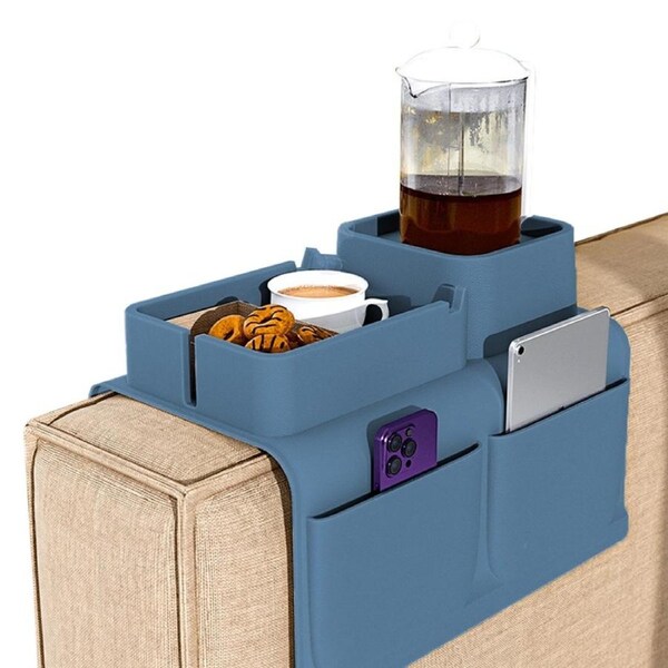 Couch Cup Holder Tray Sofa Armrest Tray with Drink Holder Side Pockets - Blue