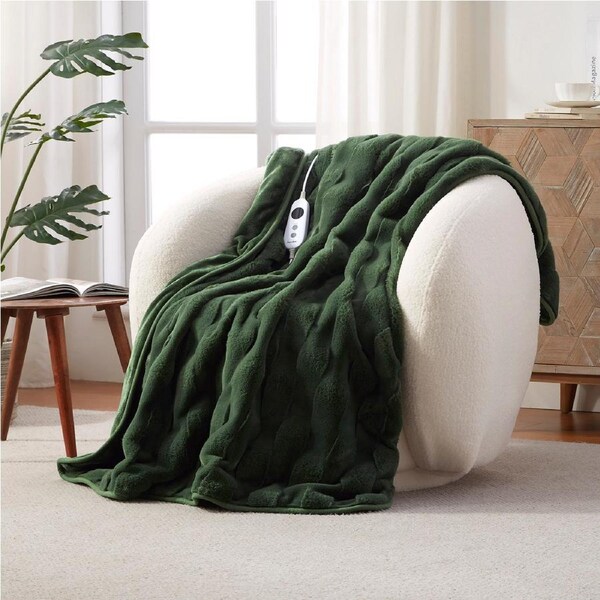 Dreamaker Basketweave Faux Fur Electric Heated Throw Blanket Olive 130x160cm