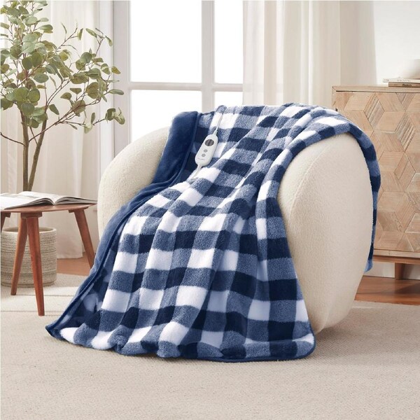 Dreamaker Gingham Plush Heated Throw Midnight Blue - 130x160cm