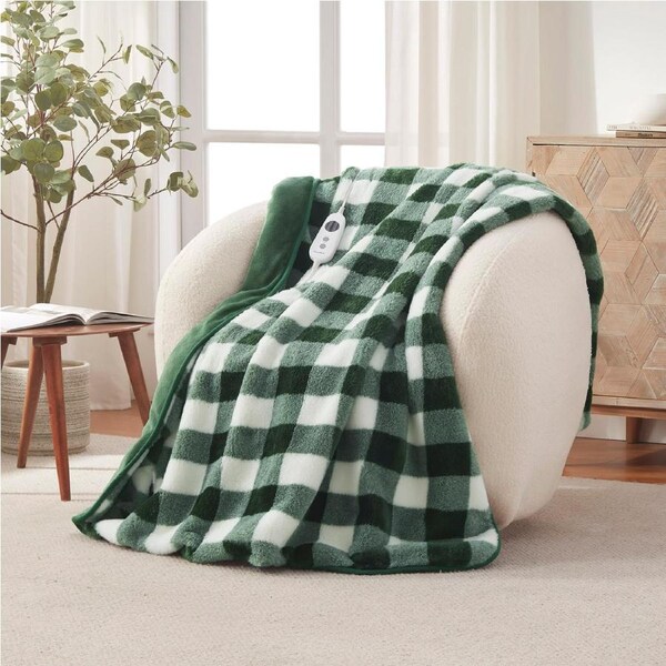 Dreamaker Gingham Plush Heated Throw Green - 130x160cm