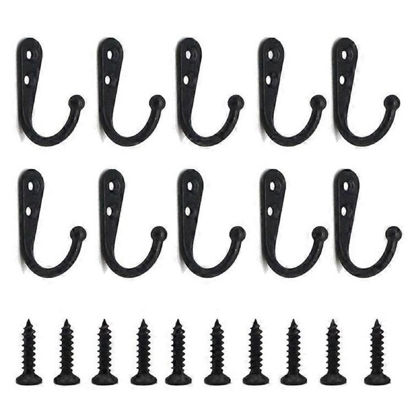 10pcs Black Single Hooks Wall Hooks Black Coat Hook Equipped with Mounting Screws