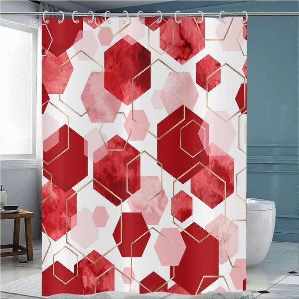 Red Shower Curtain, Red White Abstract Geometric Modern Grid Pattern Minimalist Bath Curtains Waterproof Fabric with Hooks for Home Decor, 72Wx84H