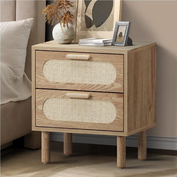 Oikiture Bedside Table Drawers Side End Tables Storage Nightstand Natural