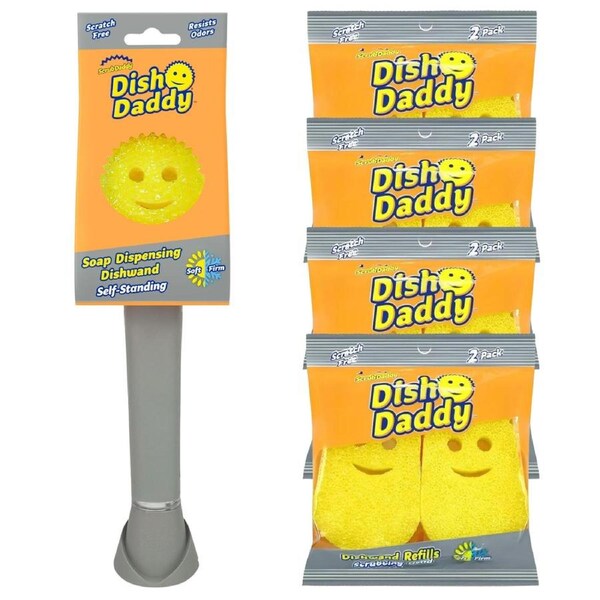 Scrub Daddy Value Pack – Dish Daddy Soap Dispensing Dish Wand + 4 Refill Pad 2-Packs (8 Total Refills)
