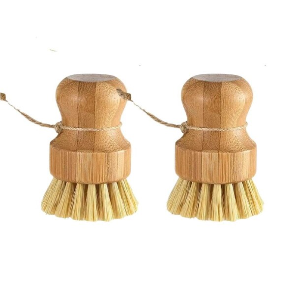2X Bamboo Dish Scrub Brushes for Washing Cast Iron Pan Pot