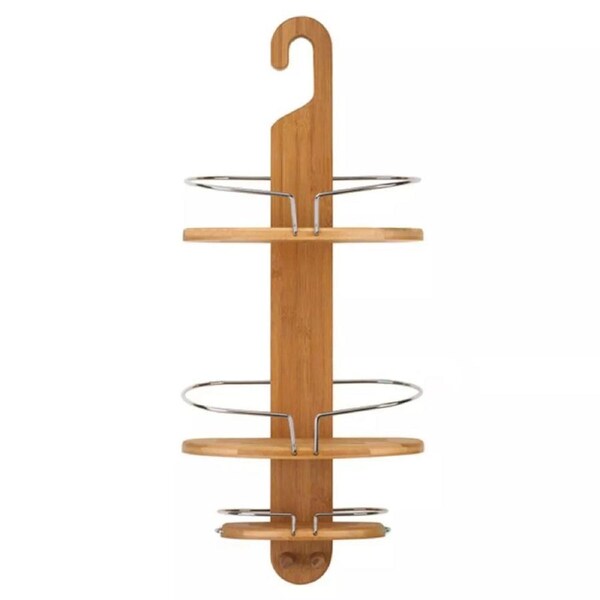 Bathroom Bamboo Shower Caddy Chrome Steel Bath Shelf Tier Storage Rack with Hook