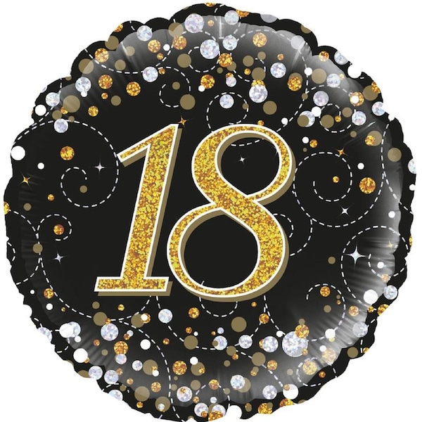 Sparkling Fizz Black & Gold 18th Holographic Helium Foil Balloon