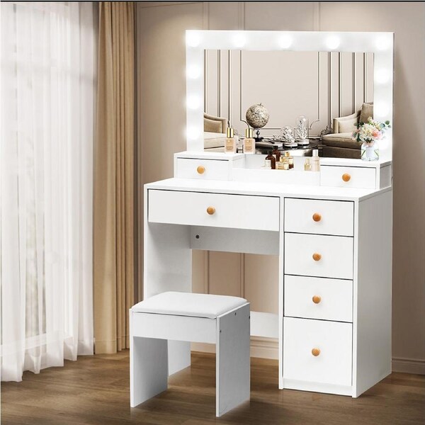 Levede Dressing Table Stool Set 11 Bulb Makeup Mirror Vanity Desk Cabinet White