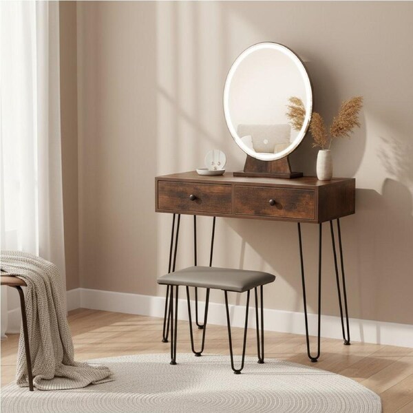 Levede Dressing Table LED Light Strip Makeup Mirror Stool Set Vanity Desk Brown