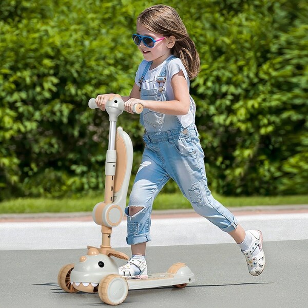 BoPeep Foldable Kids Scooter with Adjustable Seat & LED Lights - Beige