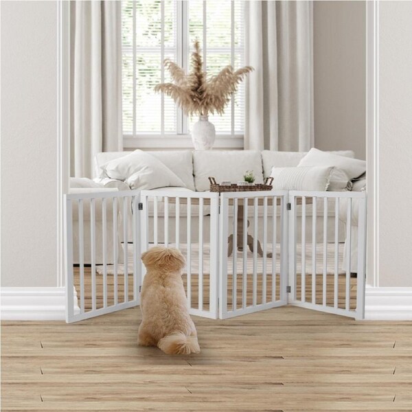 PaWz Wooden Pet Gate Dog Fence Retractable Barrier Portable Door 4 Panel White