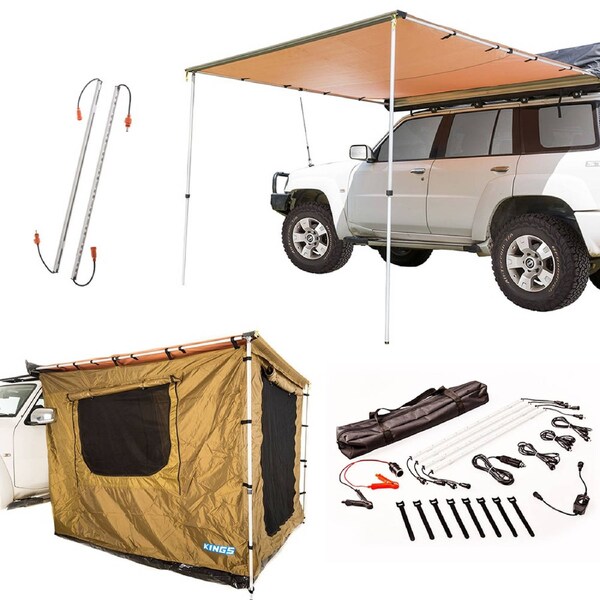 Kings 2x3m Awning + Awning Tent + LED Light Extension Kit + 4 Bar Camp Light Kit