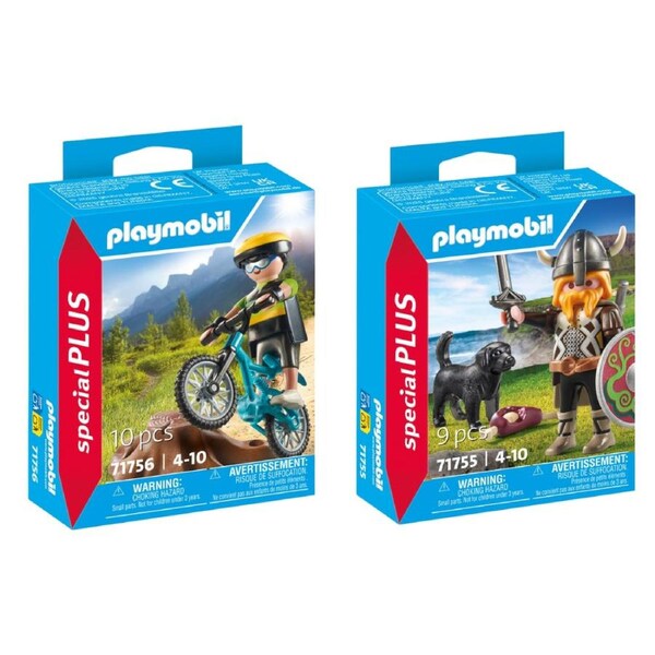 2pc Playmobil Mountain Biker & Viking w/ Guard Dog Action Figure Combo Set 4+