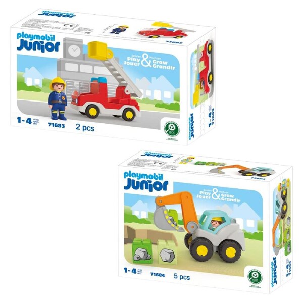 2pc Playmobil Junior Ladder Unit Fire Truck & Shovel Excavator Combo Set 1y+