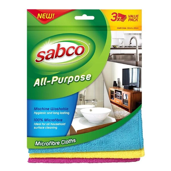 3(pk) Sabco All-Purpose Microfibre Cloths for household surface cleaning