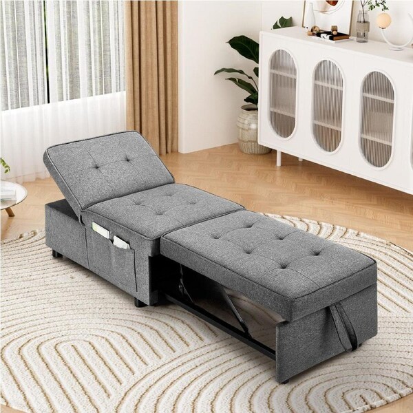Oikiture 4 in 1 Convertible Sofa Bed Ottoman Couch Lounge Recliner Chair Linen Grey