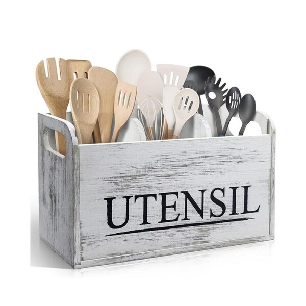 Catzon Wooden Utensil Organizer with Removable Cover for Kitchen Storage
