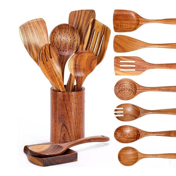 Catzon 9 Pcs Wooden Spoon for Cooking with Spoon Rest and Utensils Holder