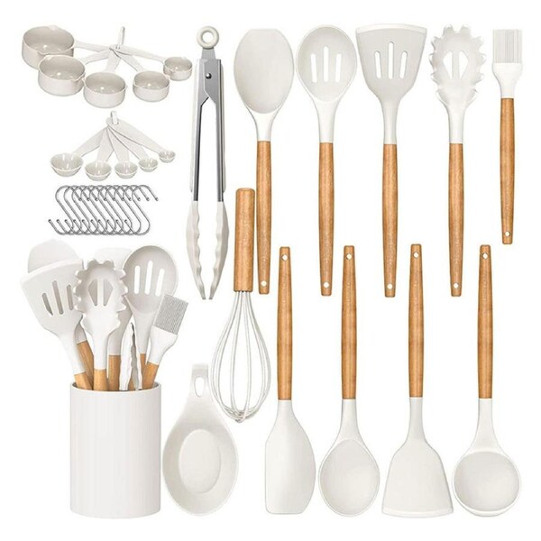 Catzon 33 Pcs Kitchen Cooking Utensils Non-Stick Silicone Spatula with Holder-White