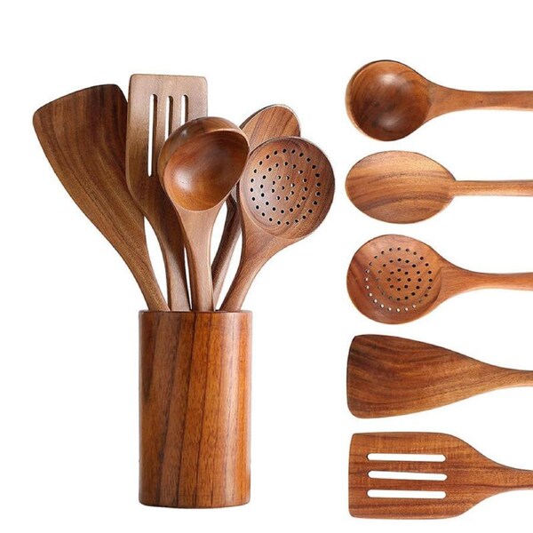 Catzon 6 Pcs Cooking Spoons with Utensils Holder Acacia Wood Utensils Set