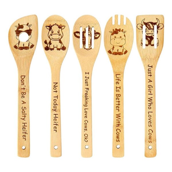 Catzon 5 Pcs Burned Wooden Spoons for Cooking with Unique Print Great Presents-11