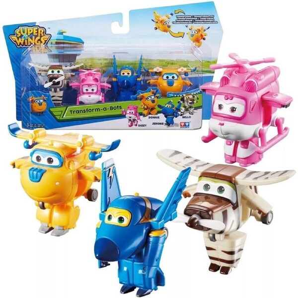 Super Wings Transform-a-Bots 4 Pack 2 Inch Figures Donnie Dizzy Plane Robot