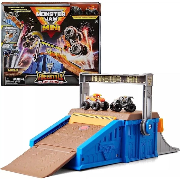 Monster Jam Mini Freestyle Flip Arena Playset and Storage with 2 Mini Trucks
