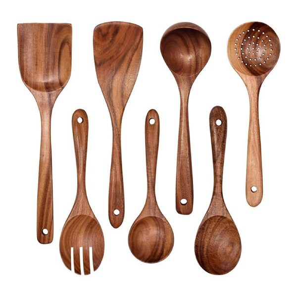 Catzon 7 Pcs Non-Stick Wooden Utensils for Cooking Spoons Spatula Salad Fork