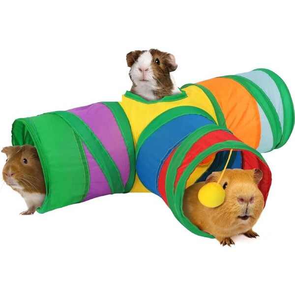 Guinea Pig Tunnel 3 Way, Collapsible Small Pet Tunnels and Tubes with Interactive Ball for Baby Rabbit Ferret Hamster Hiding and Resting