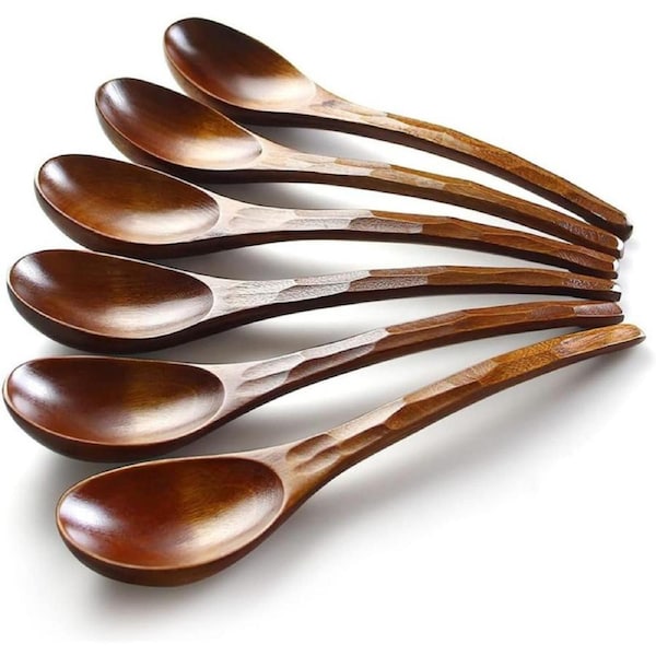 Wooden Spoons, 6-Pack Japanese Nanmu Long Handle Turtle Shell Pattern Handmade Spoon Rice Dessert Ramen Chocolate Cereal Cooking and Eating Table Spoon Kitchen Restaurant Utensils