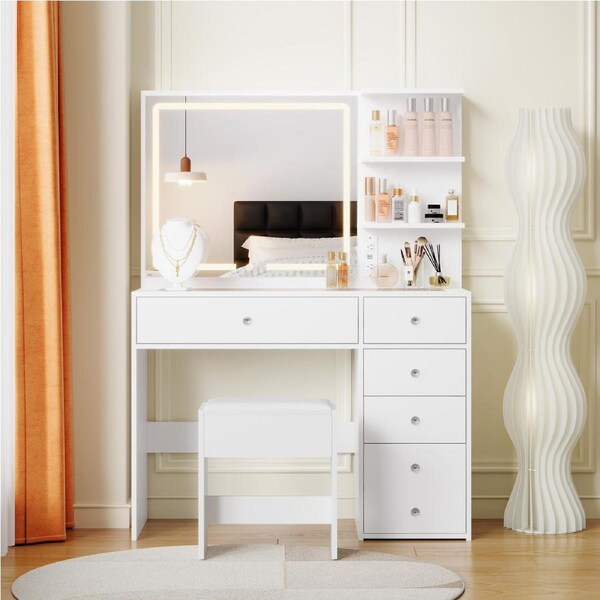 Advwin Dressing Table Stool Set Vanity Desk with LED Light Make up Mirror Glass Tabletop White