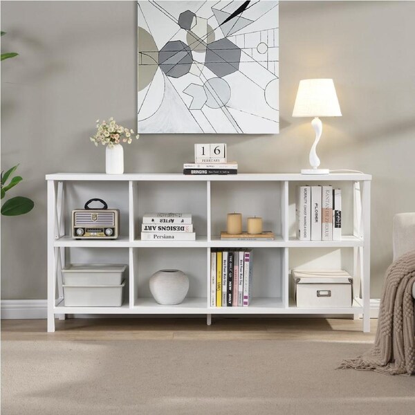 HOMFURN 8 Cube Storage Organizer Bookshelf, Rustic Wood Cubby Bookcase, Industrial Horizontal Long Shelf, White