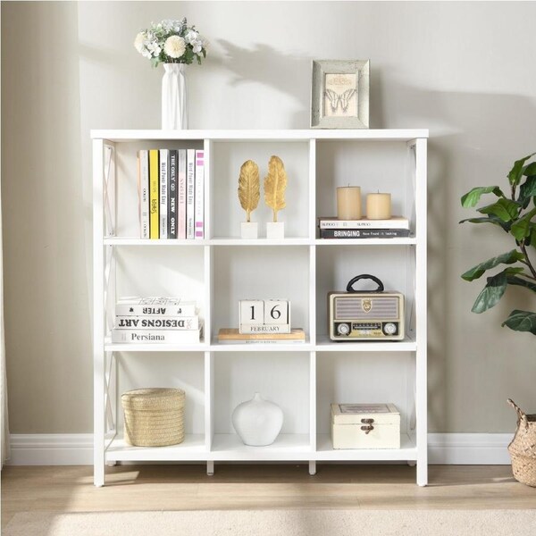 HOMFURN 9 Cube Storage Bookshelf, Industrial 4 Shelf Book Shelf, White