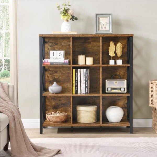 HOMFURN 9 Cube Storage Bookshelf, Industrial 4 Shelf Book Shelf, Rustic Brown