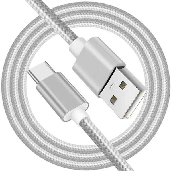 Nylon Braided USB-A to USB-C 2m/6ft Fast Charging Cable For Samsung, Xiaomi, Redmi, Huawei & All Android TYPE-C Devices - Silver