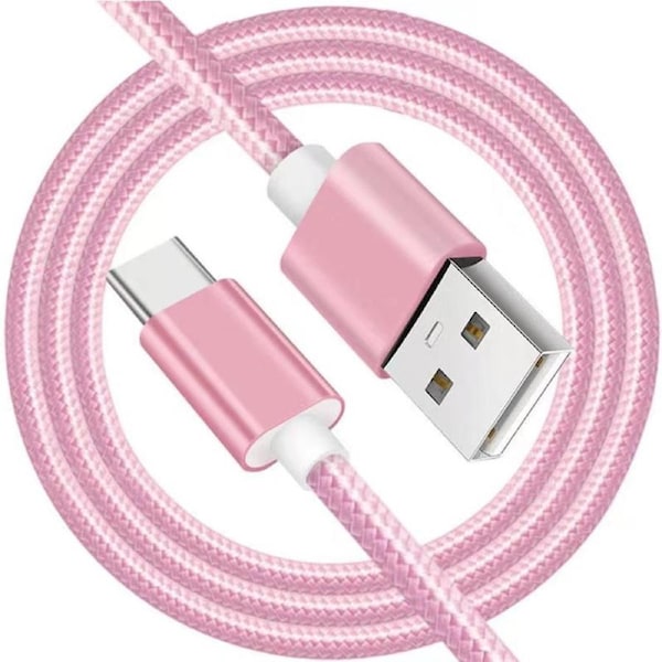 Nylon Braided USB-A to USB-C 2m/6ft Fast Charging Cable For Samsung, Xiaomi, Redmi, Huawei & All Android TYPE-C Devices - Pink